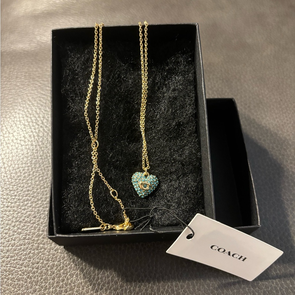 Coach Goldstone Blue Pave’Puffed Heart Signature C Necklace NIB